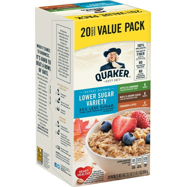 Quaker Instant Oatmeal, Lower Sugar Variety Pack, Value Pack, 20