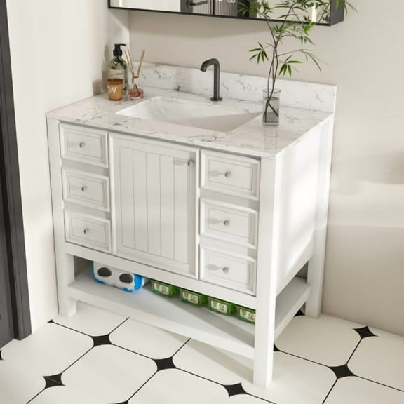 Modern 37 inch Bathroom Vanity Set with Carrara White Marble Top, Single Hole Faucet, Multi-Functional Storage Cabinet with Doors and Drawer for Bathroom, White