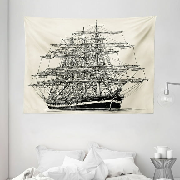 Pirate Ship Tapestry, Sailing Boat Detailed Illustration Nautical Maritime Theme Vintage Style Art, Wall Hanging for Bedroom Living Room Dorm Decor, 80W X 60L Inches, Cream Black, by Ambesonne