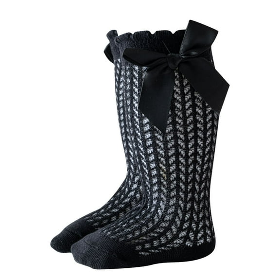 Xfvqtps Kids Child Knee Socks Lace Bow Ruffle Knee High Solid Color Elastic Comfortable Breathable Non Slip Spring Summer Cotton Socks for 0-2 Years Black