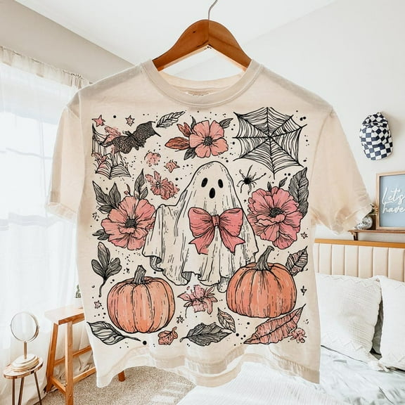 Pink Ghost & Pumpkin Halloween T-Shirt, Girly Boho Fall Tee, Glitter Spooky Season Shirt, Cute Floral Autumn Vibes Graphic Top