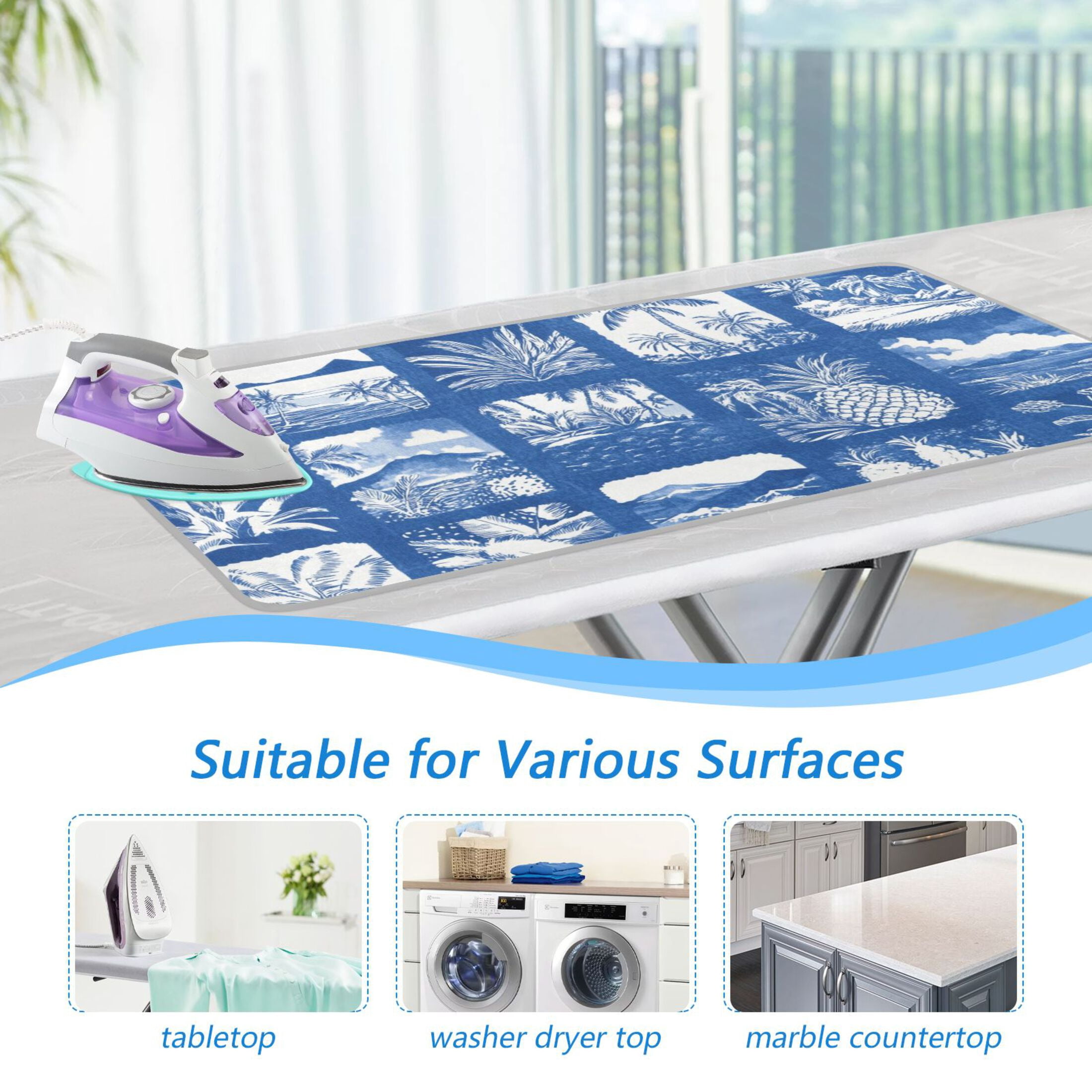 Vintage Blue Tropical Patterns Trees Ironing Mat Blanket Portable Travel Ironing Pad Heat Resistant Pad 47.2" x 27.6”