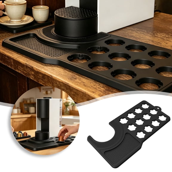 Silicone Coffee Holder Mat, Non- Coffee Machine Base Tray with 10 Slots, Reusable Coffee Pod Storage Organizer for Countertop(Black)