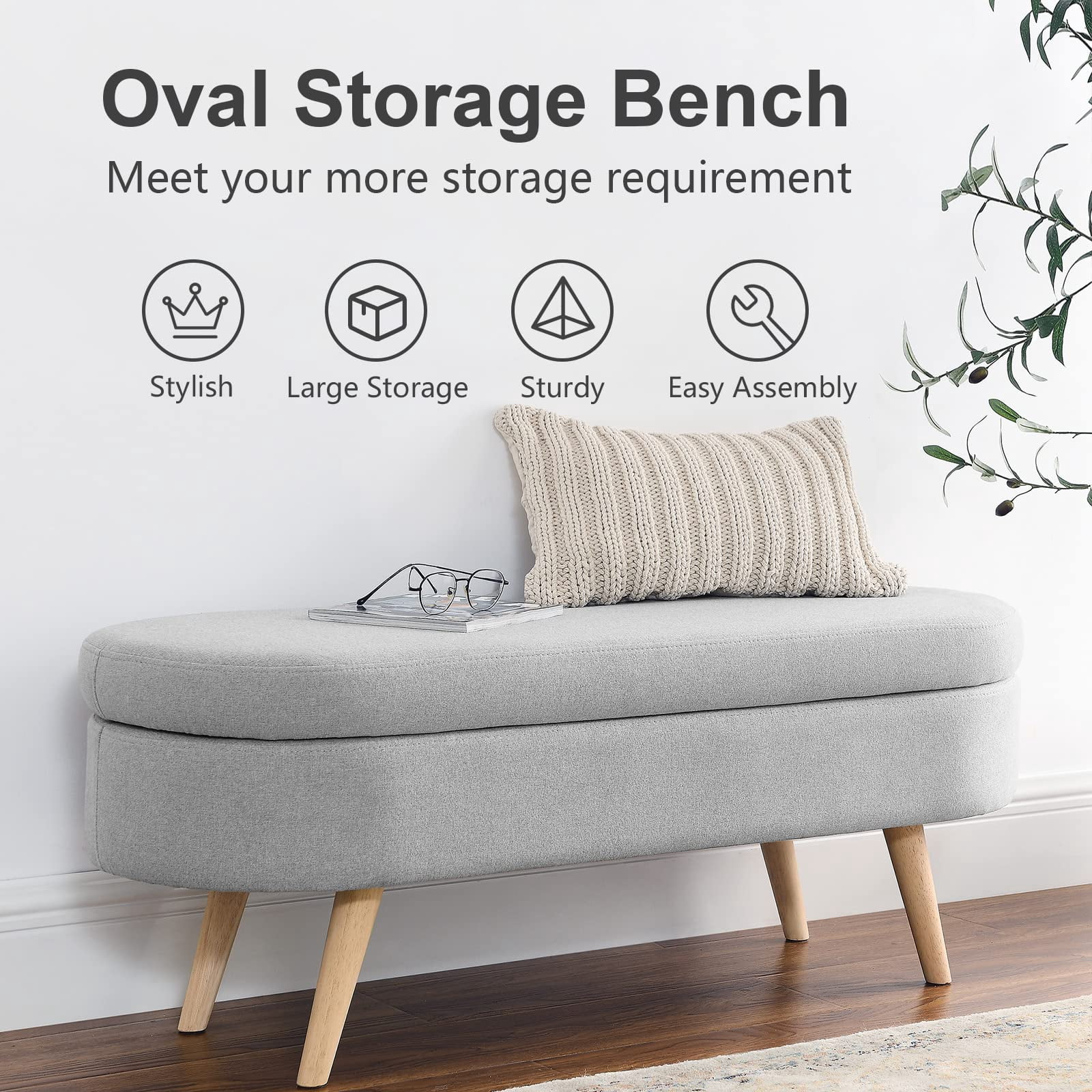 Aukfa Linen Upholstered Bench with Storage for Bedroom Living Room - Gray