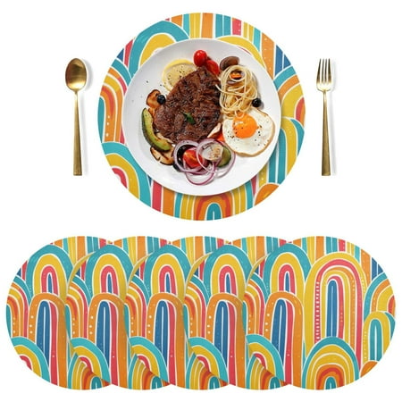 

joogoo Geometric Rainbow Colorful Round Plate Mats for Dining Table Placemat Set of 6 Holiday Decoration