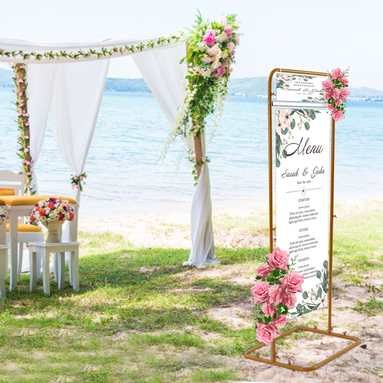 Metal Wedding Welcome Sign Arch Stand Advertising Shelf Rack Billboard Gold for Weddings, Birthday Parties, Engagements