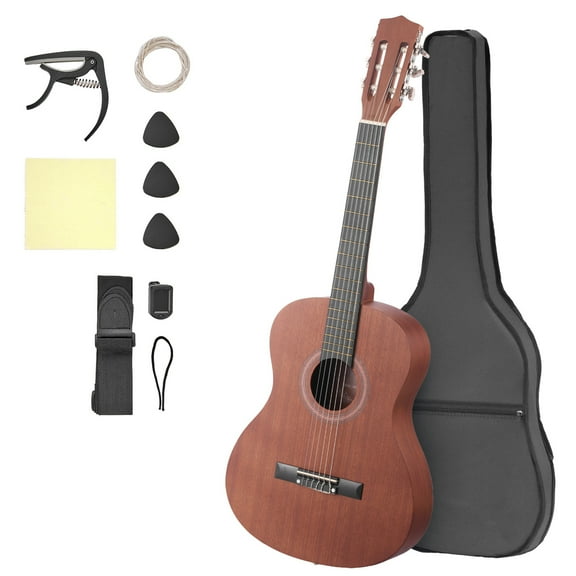 KFFKFF 36-Inch Classical Guitar, Wooden Acoustic Guitar Starter Set for Beginners, Includes Nylon Strings, Carrying Bag, Strap, Tuner, Spare Strings, Picks, and Capo, Sapele & Rosewood Build