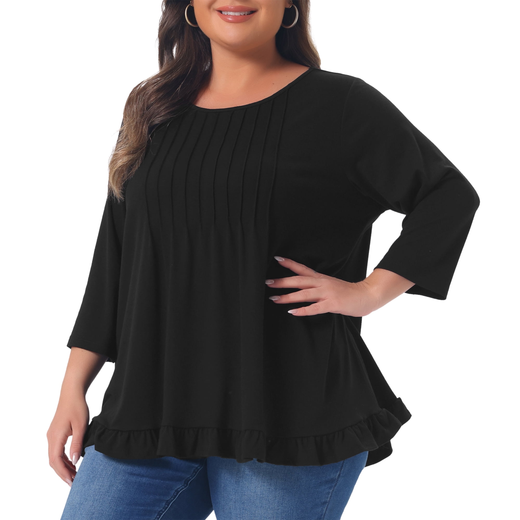 DARING DIVA Women's Plus Pleated Crew Neck 3/4 Sleeve Blouses 4X Black