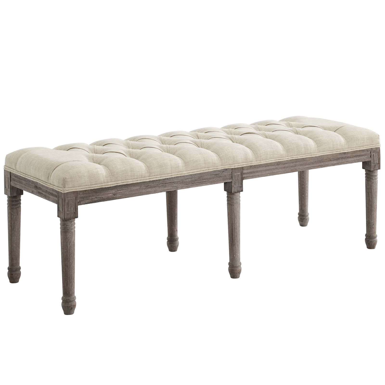 French Vintage Upholstered Fabric Bench, Beige