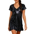 thumbnail image 3 of MELDVDIB Dresses for Women Sequined V-Neck Short Sleeve Spring Summer Short Dress Solid Color Fashion Casual Loose Outfits, 3 of 9