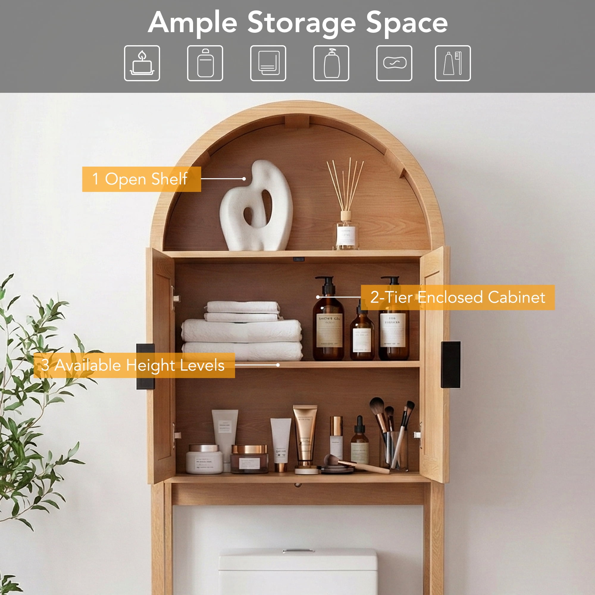 OONNEE 71" Arched Over the Toilet Storage Cabinet with 0.6" Thick MDF Frame, Freestanding Bathroom Organizer with 5-Position Adjustable Bar and Soft-Close Doors, Natural Wood