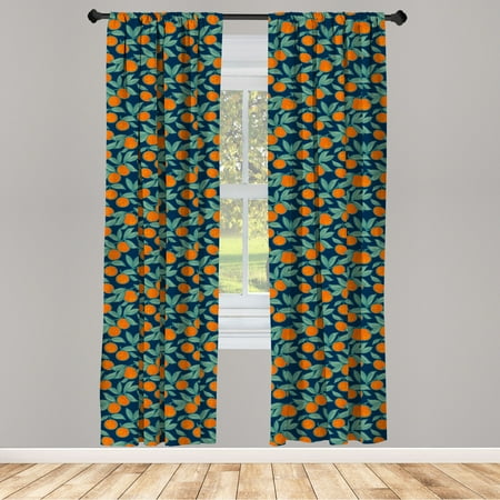 Orange Blue Curtains 2 Panels Set, Citrus Branches and Leaves, Window