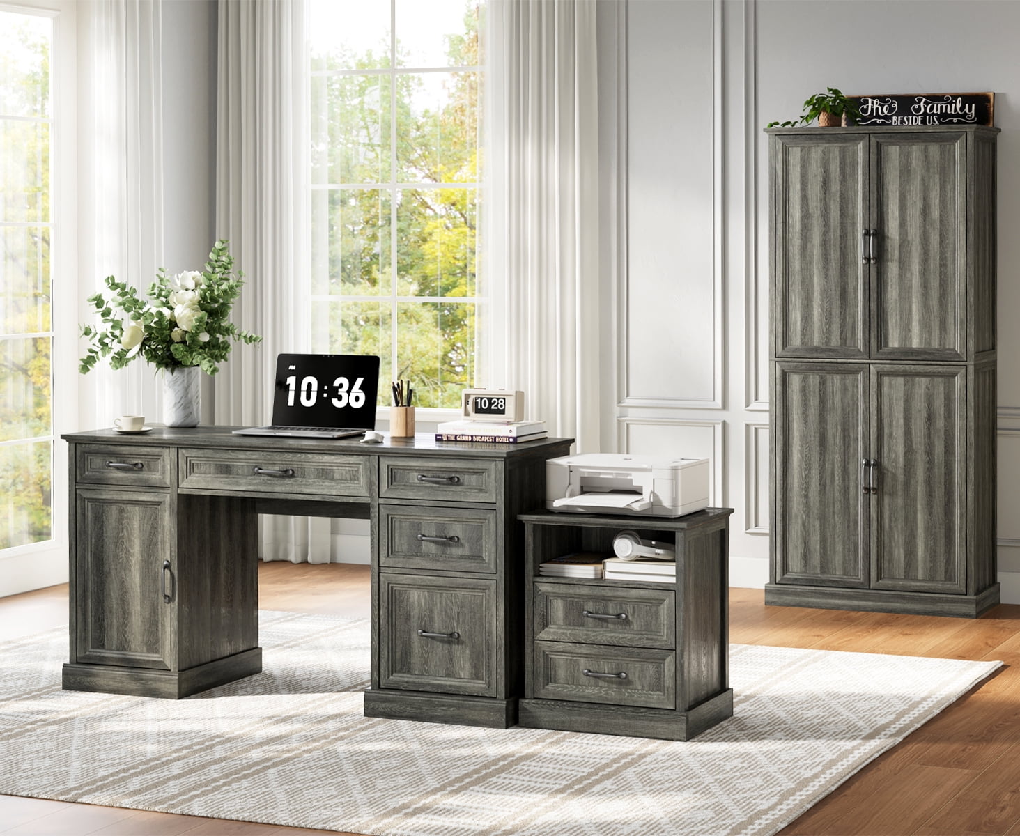 YouTrend 58'' Farmhouse Executive Desk,Wood Home Office Computer Desk with 5 Drawers and Storage Cabinet for Work Study Writing,Gray