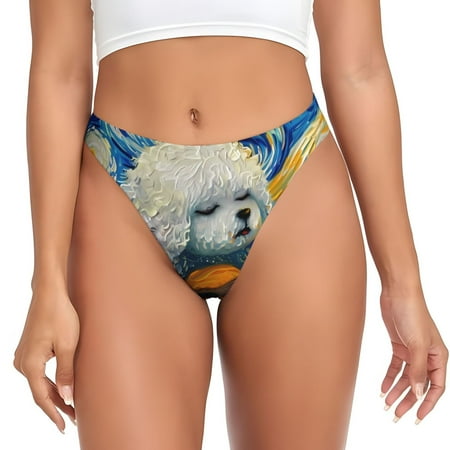 Qokaie Dog Guitar Starry Night Printed Women s Cotton Thong Underwear  Sexy Breathable Panties G-string-Small
