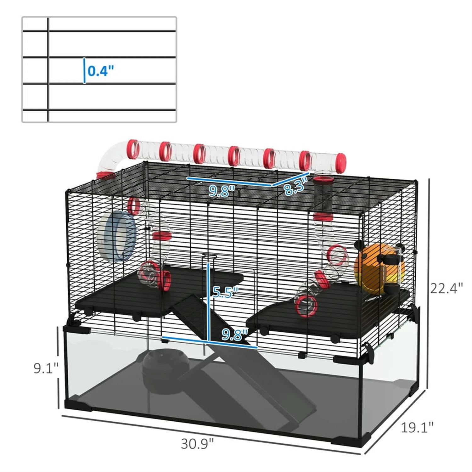 Kadyn 31" Hamster Cage, Gerbil Cage with Glass Basin, Tube and Tunnel for Small Hamsters, 2 Levels Small Animal Habitats, Black