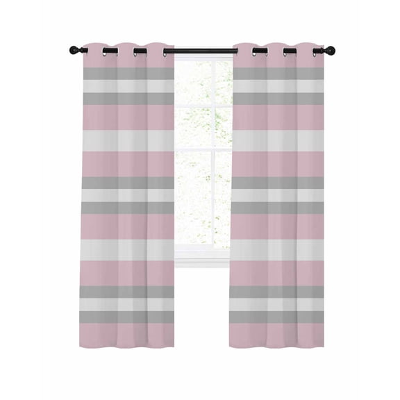 Pink Grey Stripe Blackout Curtains, Light Blocking Print Window Curtains, Minimalist Farmhouse Striped Thermal Insulated Window Drapes for Living Room Kitchen Cafe 2 Panels, 104"W x 63"L