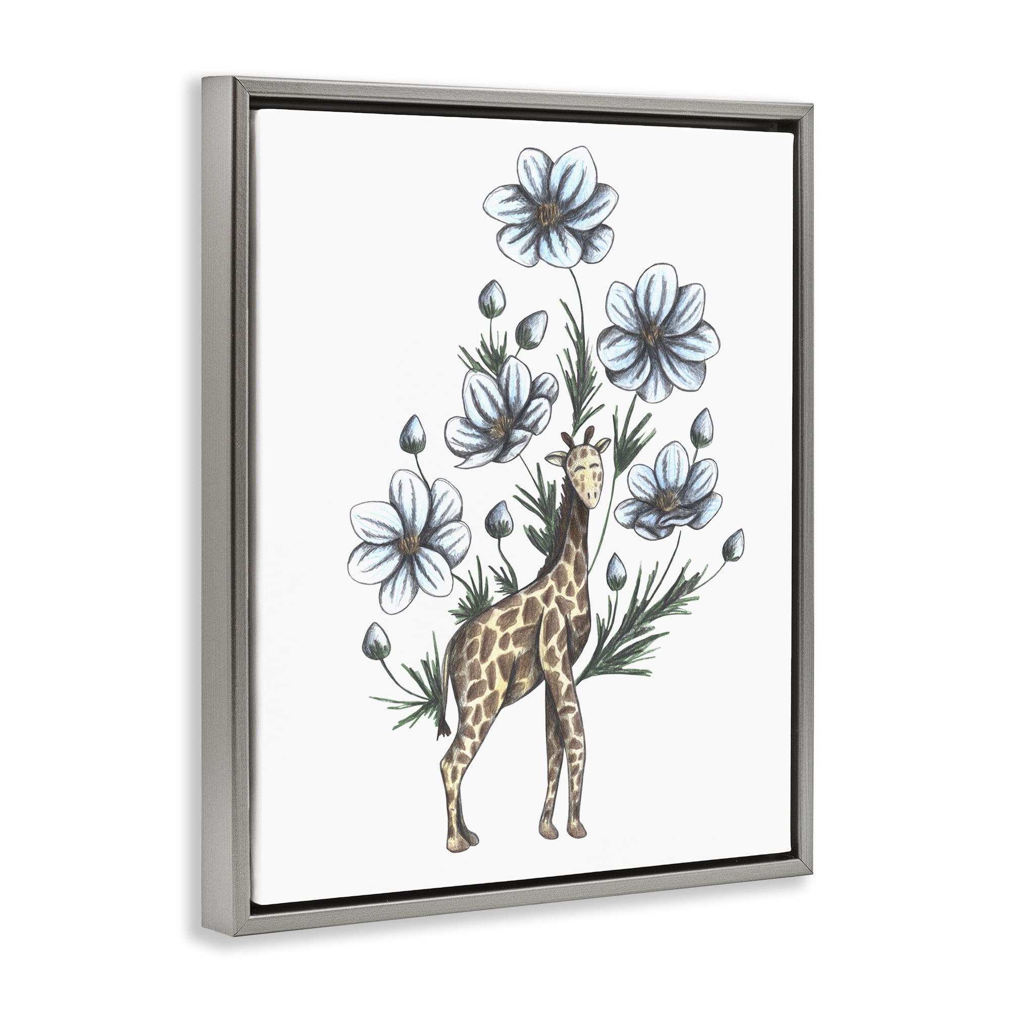 Giraffe with Flower Blossoms Gray Framed Floater Canvas Wall Art, design by Cecilia Battaini