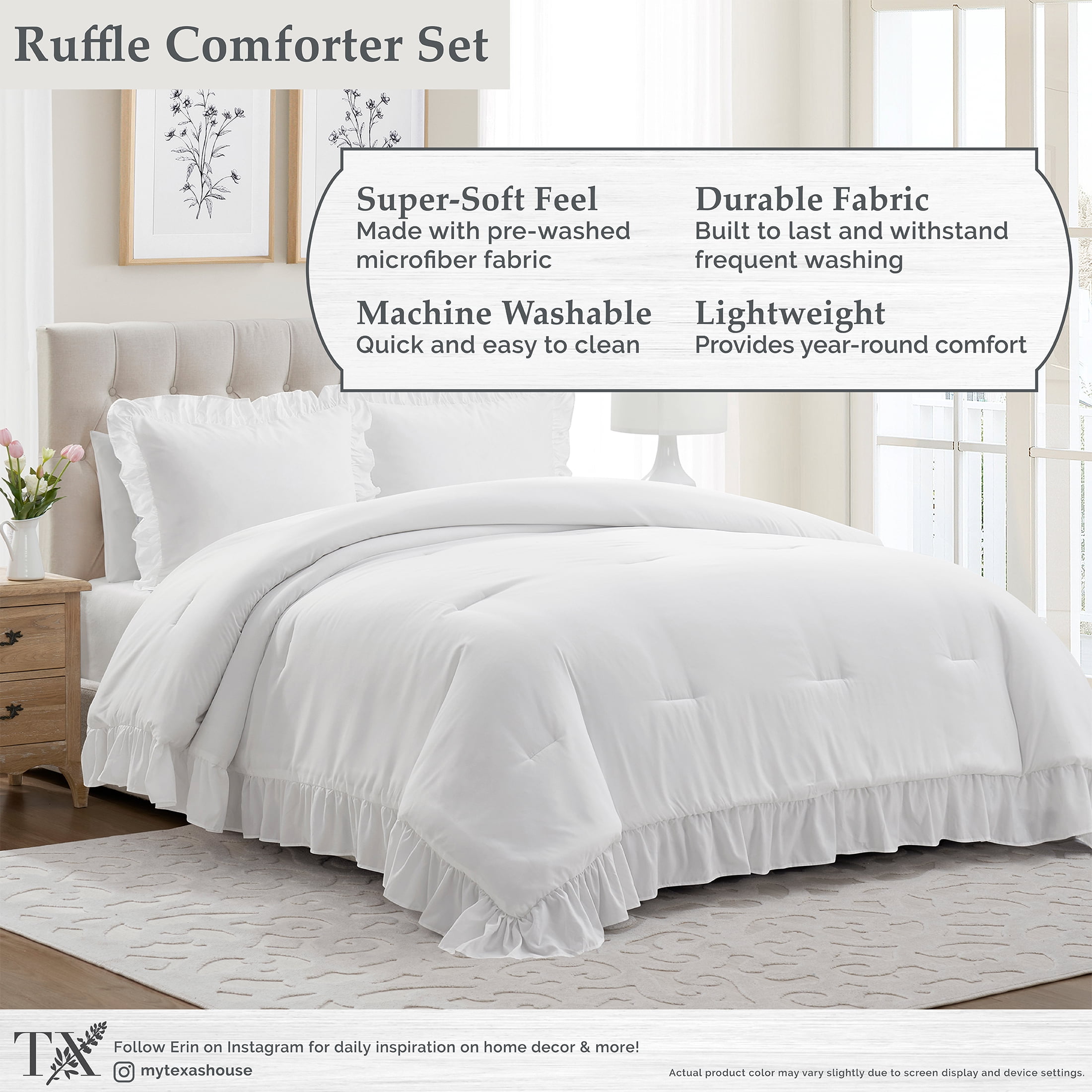 My Texas House Full/Queen Comforter Set, All-Season, 3-Piece, White Ruffle