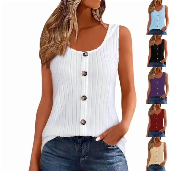 TaTaai Women Loose Casual Solid Color Tank Top Button Crew Neck Sleeveless Machine Washable Breathable Soft Versatile Daily Wear Fashion Tank Top Gift