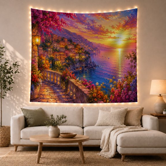 Mountain Lake Vertical with Picturesque Village Sunset, Mystical Fantasy for Space Lovers, Wall Decor, Valentine'S Day Gift, Tapestry Wall Hanging for Dorm and Living Room