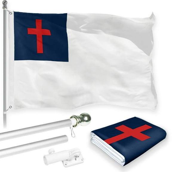G128 Combo Pack: 6 Feet Tangle Free Spinning Flagpole (Silver) Christian Religious Flag 3x5 ft Printed 150D Brass Grommets (Flag Included) Aluminum Flag Pole