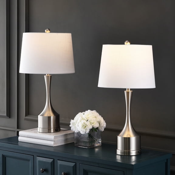 JONATHAN Y Cooper 26" Classic French Country Iron LED Table Lamp with USB Charging Port, Nickel (Set of 2), JYL4045B-SET2
