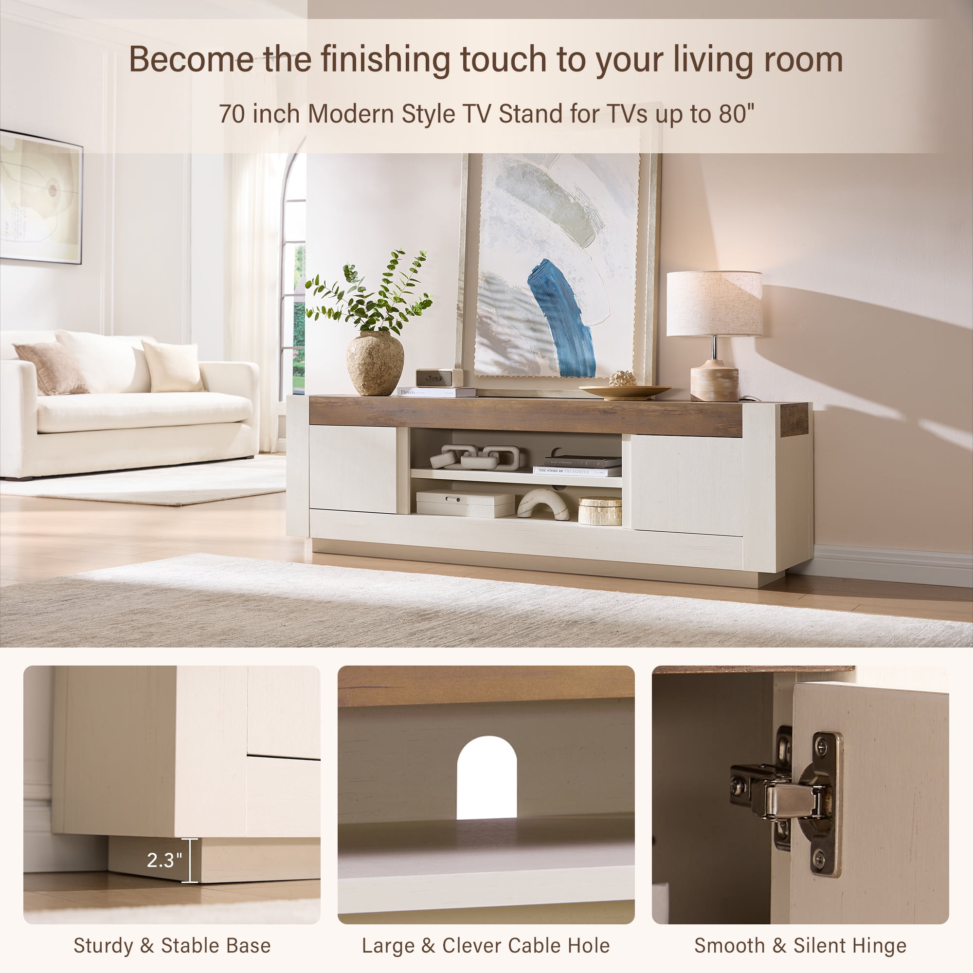 KeyWhat 70" Modern Low Profile TV Stand for TVs up to 80", Open Storage & Adjustable Shelves