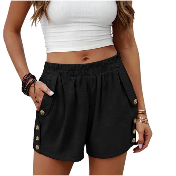 ClodeEU Women's Solid Color Elastic Waist Shorts with Pockets , Casual Summer Short Black,Women's Plus L