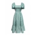 thumbnail image 5 of Aqua Green Plaid Square Neck Puff Sleeve Tiered Midi Dress For Women, 5 of 6