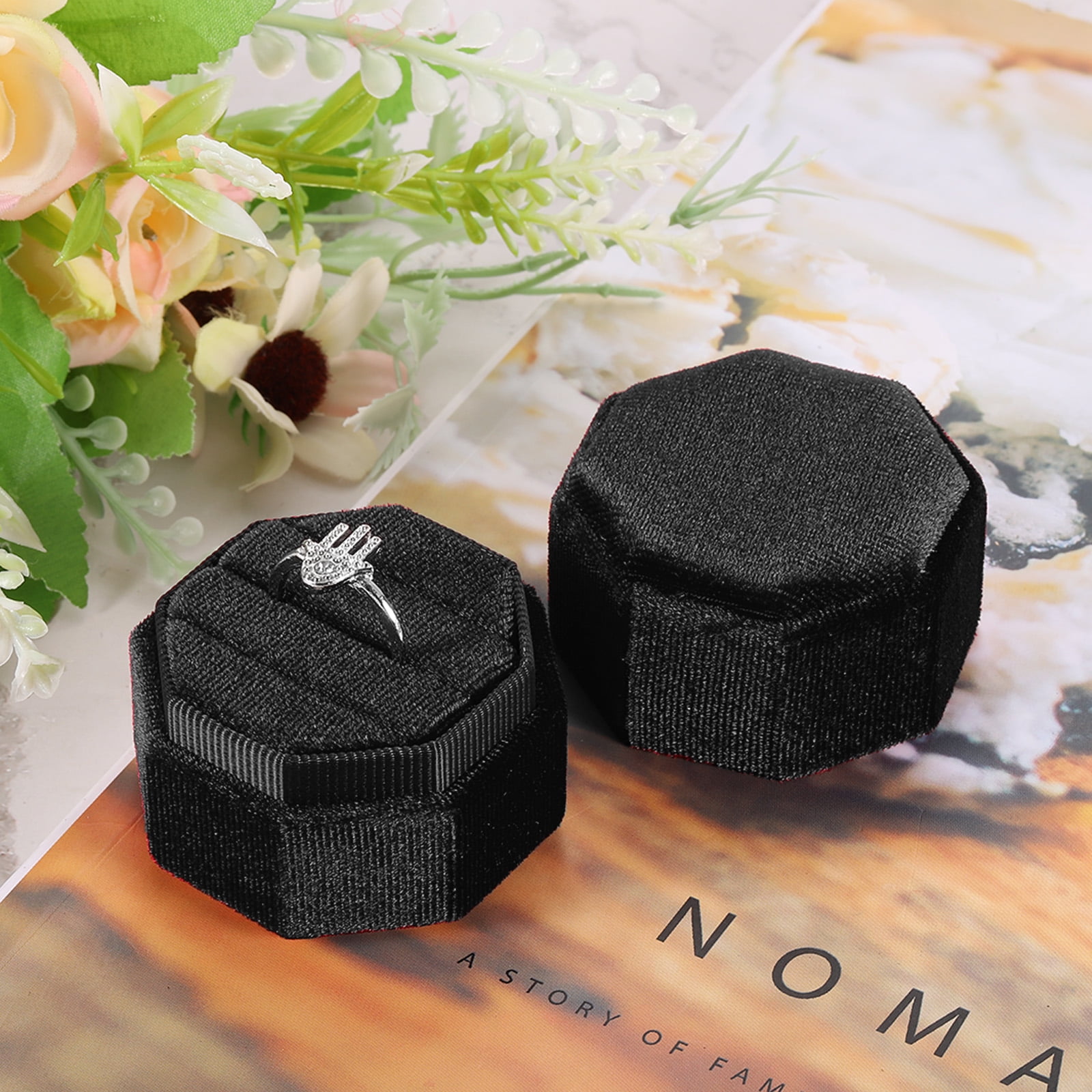 Unique Bargains Octagon Velvet Ring Box for Wedding Rings Black