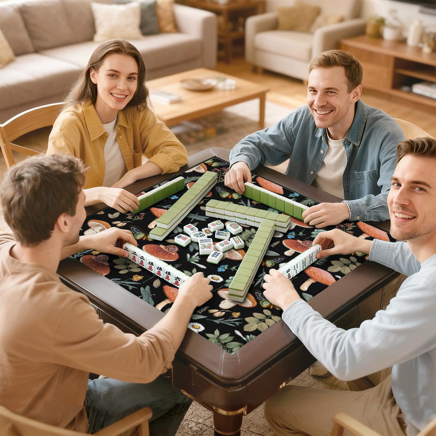 Square Botanical Pattern Mahjong Mat 31.5 Inches Made of Premium Rubber with Anti-Slip Non-Slip Properties and Noise Reduction for Card Games