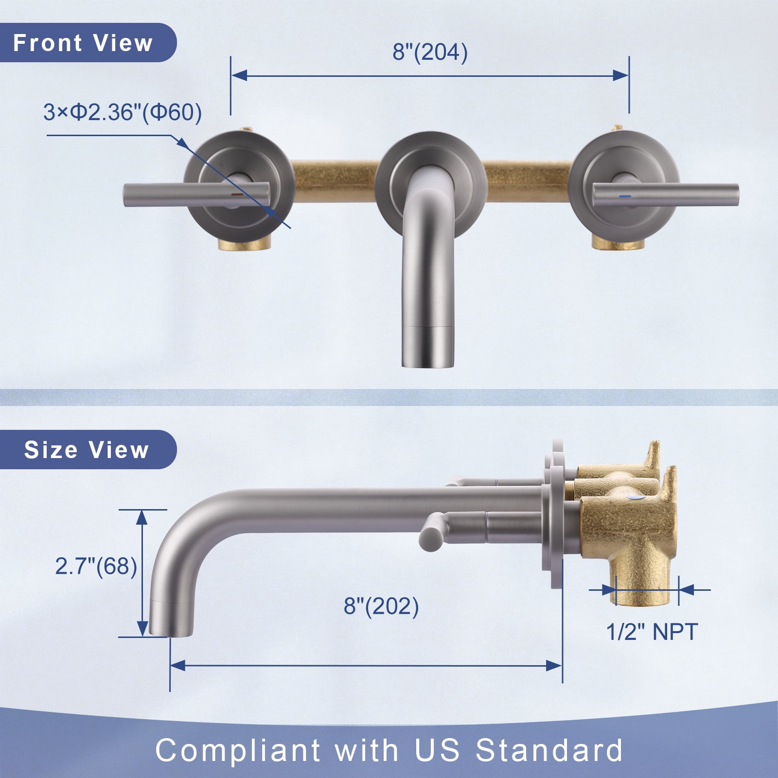 Double Handle Wall Mounted Bathroom Faucet with Rough-in Valve Included in Solid Brass Brushed Nickel