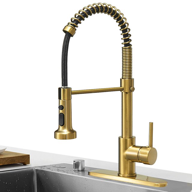 Hoimpro Grifo De Cocina Con Resorte De Arco Alto De Oro Cepillado Con Rociador Extraíble, Grifo Para Fregadero De Cocina Con Una Sola Palanca, 3 Funciones, Grifo Para Lavandería, Latón/Oro Cepillado (