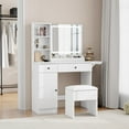 thumbnail image 2 of Makeup Vanity Desk with Fold-up Panel, Makeup Table with LED Lighted Mirror 2 Drawers & 1 Cabinet Vanity Desk Set with Power Outlet, Storage Cushioned Stool for Bedroom Dressing Room (White), 2 of 7