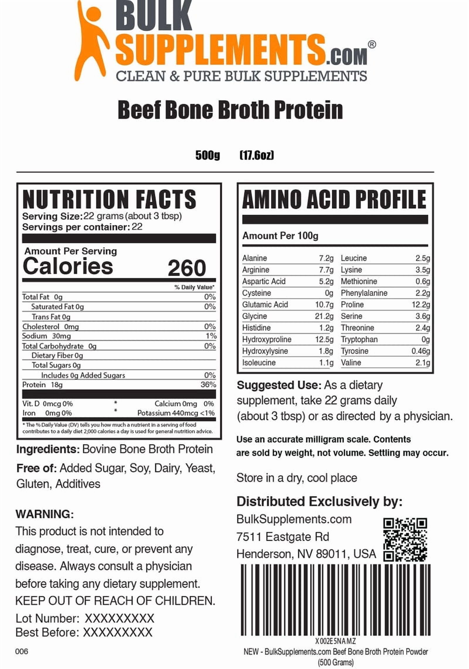 BulkSupplements Beef Bone Broth Protein Powder - Dairy Free & Lactose Free Protein Powder - Unflavored, 22g per Serving, 500g (1.1 lbs)