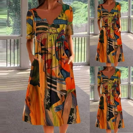 

YANHOO Women s Summer Casual Round Neck Short Sleeve Folding Retro Printed Dresses for Women 2023