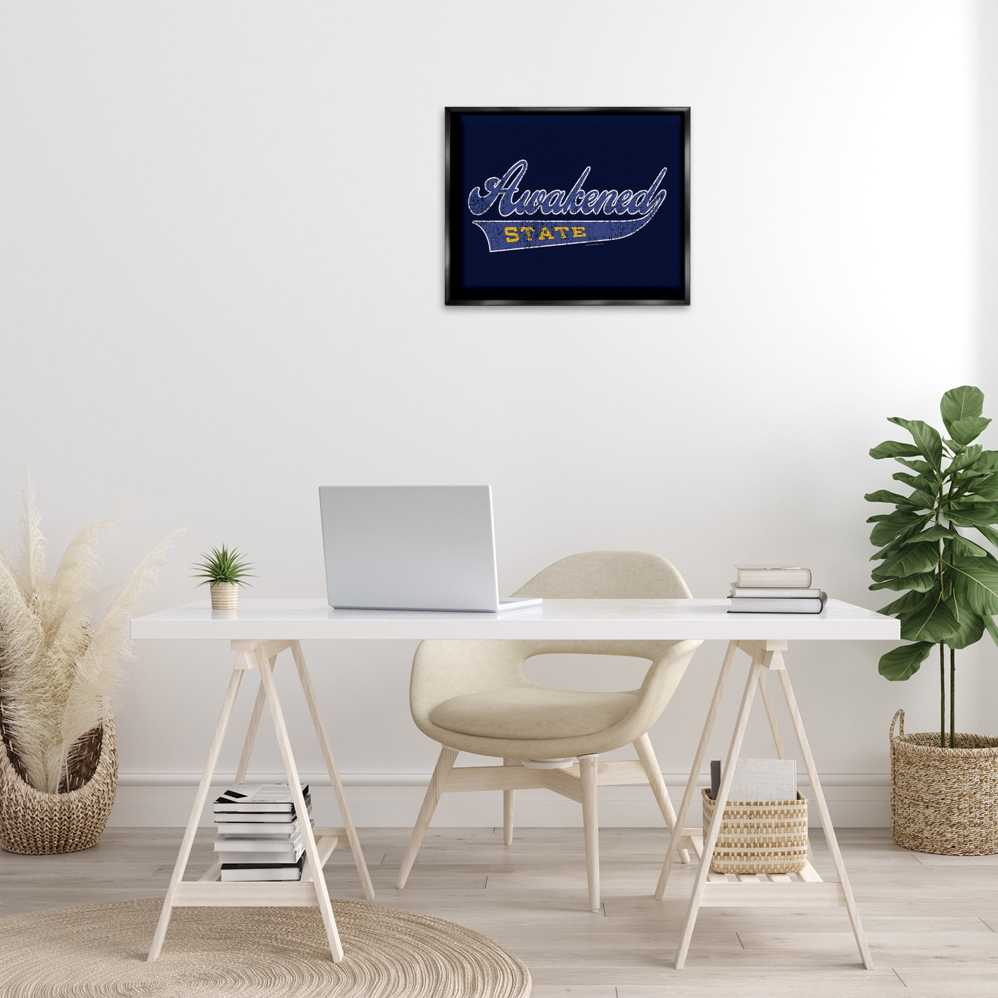 Stupell Industries Awakened State Varsity Novelty & Humor Painting Black Floater Framed Canvas Art Print Wall Art, 21 x 17