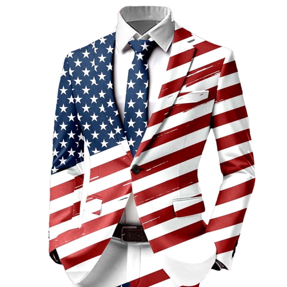 US Flag Blazers Jacket for Men 4th of July Suit Coat Notched Lapel Long Sleeve Party Jackets One Button Notch Lapel Blue L