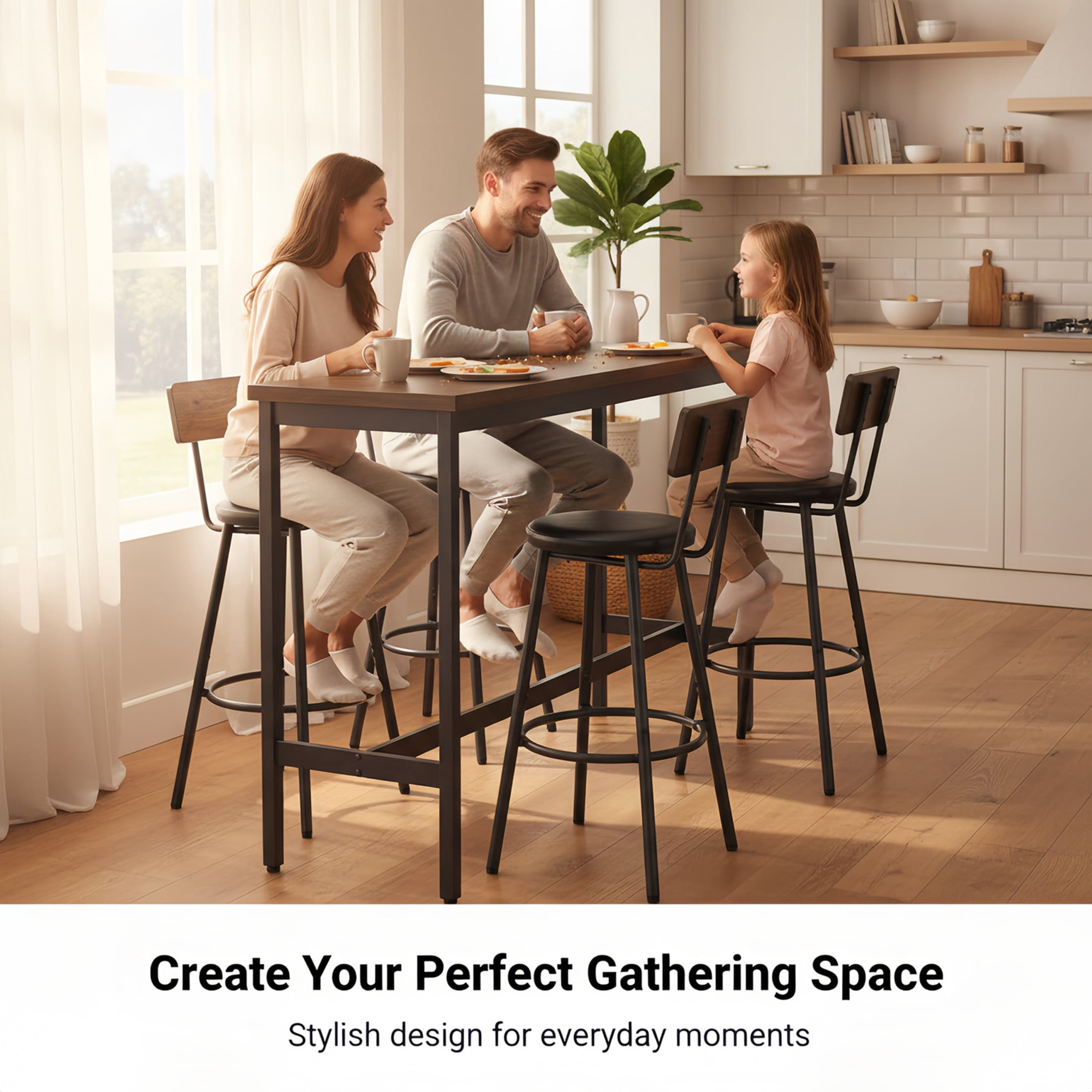 Noble House 4-Piece Industrial Bar Table and Chairs Set, Kitchen Dining Table with 3 Faux Leather Stools, Rustic Brown