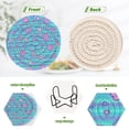 thumbnail image 4 of Haosy Set of 6 Drink Woven Coaster with Holder Heat Resistant Non-Slip Bar Coasters 4 Inches Blue Stripes with Cute Flowers, 4 of 7