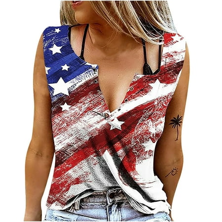 Cyber Monday Deals 2021!Tuscom tank tops for women Sleeveless Independence Day Tops O-Neck Floral Printing shirt off shoulder tops summer tops