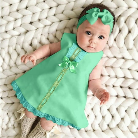 

B91xZ Girls Dresses Maxi Outfit Baby Sleeveless Bow Set Casual Dress+Headband Girl Girls Dress&Skirt Green Size 0-6 Months