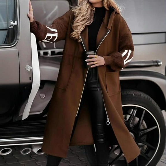 MORTTIC Women's Long Sleeve Letter Print Hooded Long Dust Coat with Pockets Zipper Fall Spring Fashion Outerwear Brown，S