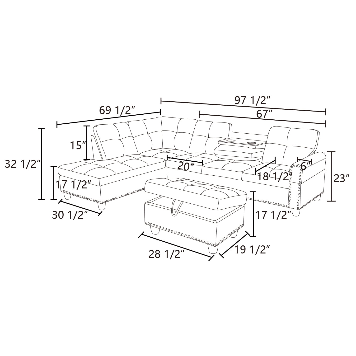 Sectional Sofa Couch, L Shaped Sofas with Ottoman Sectional Couches for Living Room, Apartment, Studio, Office, Linen, Black