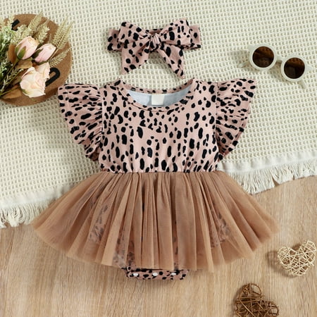 

QISIWOLE Toddler Baby Girls Fashion Cute Leopard Print Mesh Flying Sleeve Romper Bow Headdress Suit Deals