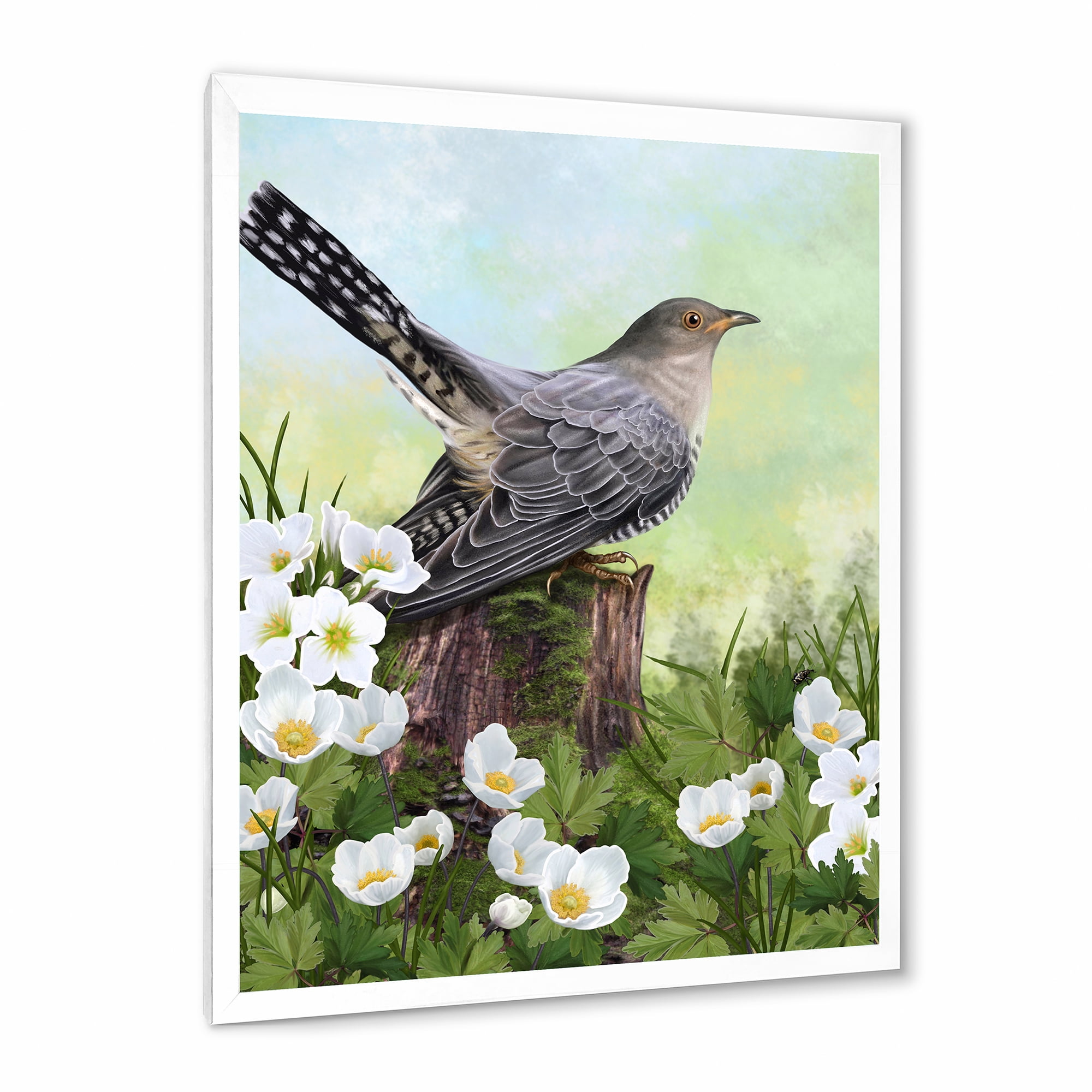 Designart 'Cuckoo Bird On An Old Stump and White Flowers' Traditional Framed Art Print