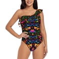 thumbnail image 2 of Picia Mexican Flower Traditional1 Pattern Women's One Piece Swimsuits,One Shoulder Swimwear Asymmetric ,Ruffle Monokinis Bathing Suits,High Waisted Flattering Bathing Suits-, 2 of 8