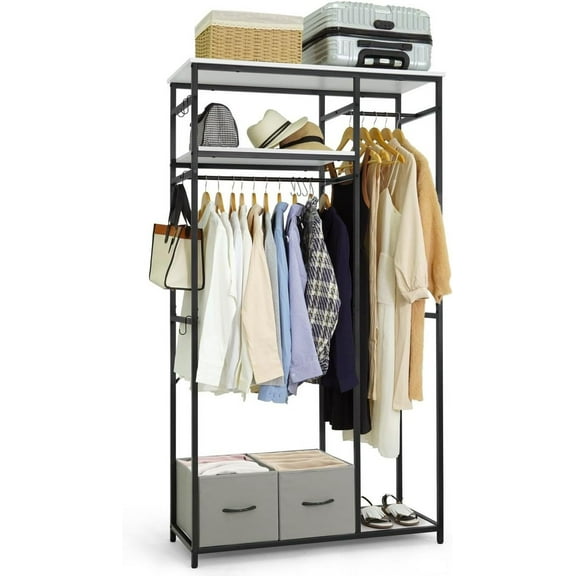 CAPHAUS 550lbs Capacity Garment Rack for Hanging Clothes, Heavy Duty Metal Open Wardrobe w/Hanging Rods & Drawers, Free Standing Closet Organizer, Metal Closet w/Wooden Boards, White Board