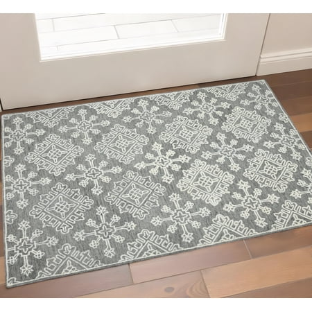 2' X 3' Gray And Ivory Wool Oriental Hand Hooked Area Rug