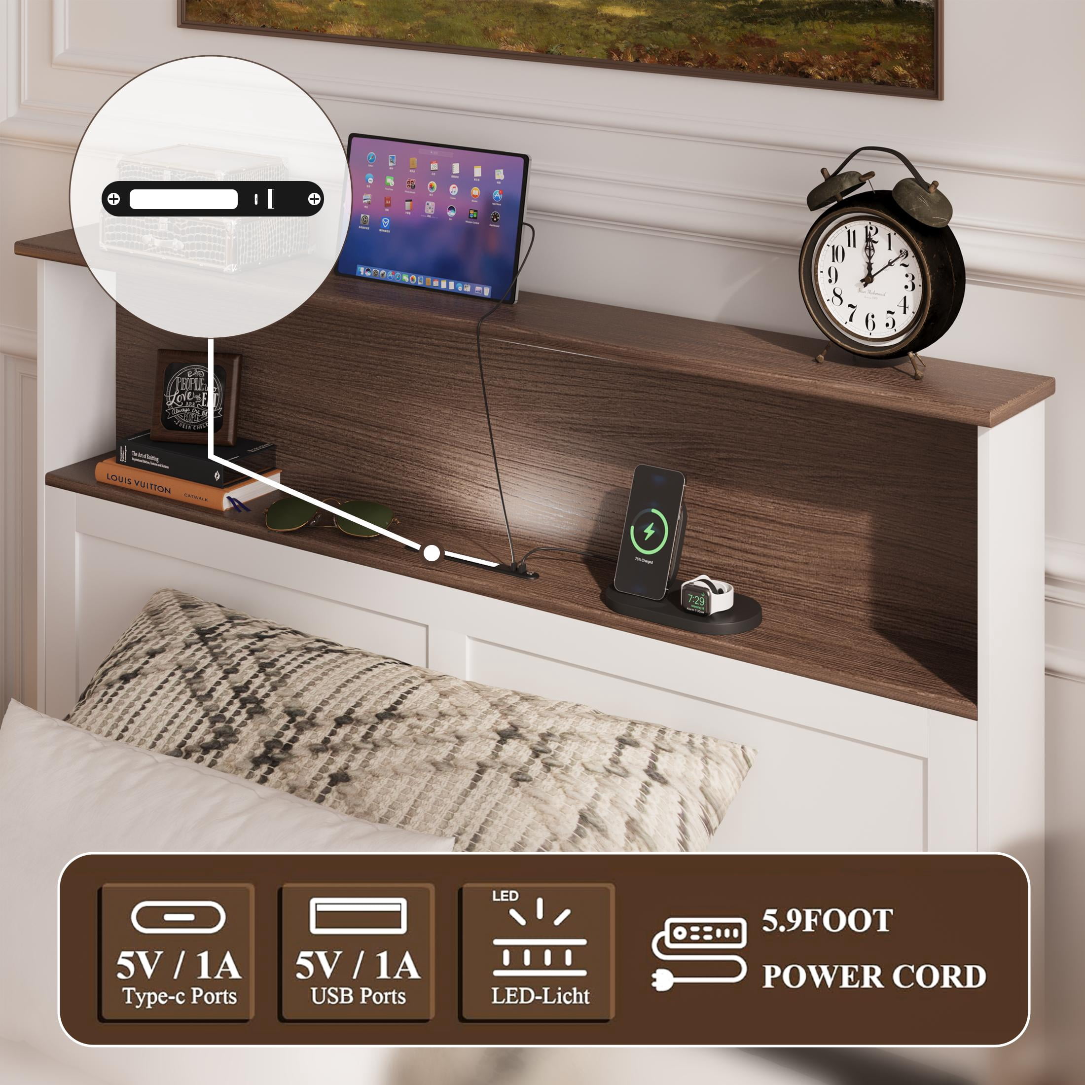 PAPROOS Twin Bed Frame with Charging Station and LED Light, Twin Size wood Platform Bed with Headboard and Footboard, No Box Spring Needed, White&Brown